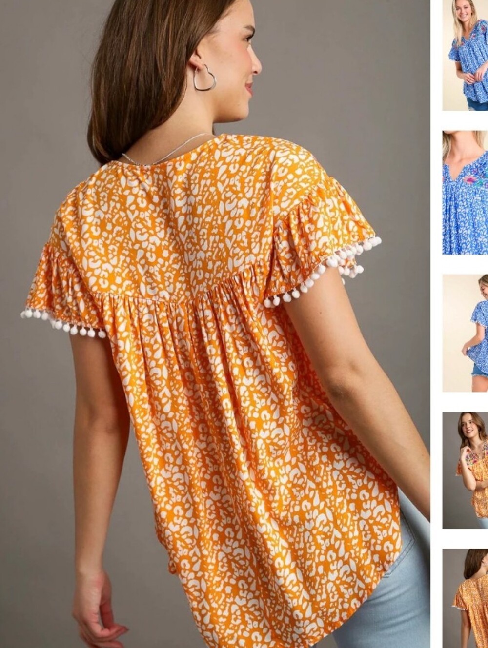 Umgee Orange Embroidered Floral Pom-Pom Sleeve Blouse Size Small - Picture 3 of 9